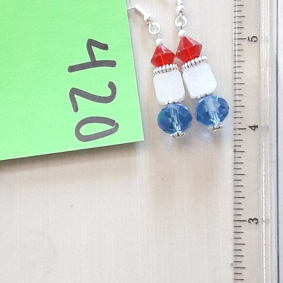 Boho Earrings 420# Red White Blue SilverHooks925Stamp Bohemian White ArtisanMad - Picture 3 of 3